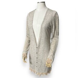 FREE PEOPLE Linen Blend Slub Knit Maxi Cardigan Crochet Lace Trim